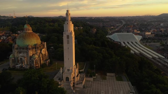 Aerial view of &Eacute;glise du Sacr&eacute;-Coeur de Cointe church, Li&egrave;ge-Guillemins railway station and La Tour des Finances before sunset
