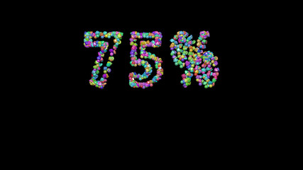 75%  written in 3D illustration by colorful small objects casting shadow on a black background