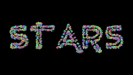 Colorful 3D writting of STARS text with small objects over a dark background and matching shadow