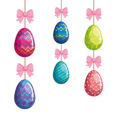 cute eggs easter decorated hanging with bow ribbon vector illustration designicon