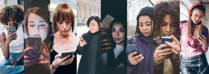 Diverse people. Collage of diverse multi-ethnic and mixed age women using smartphone