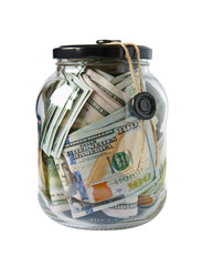 Dollars are sealed with sealing wax in a glass jar Isolated on a white background