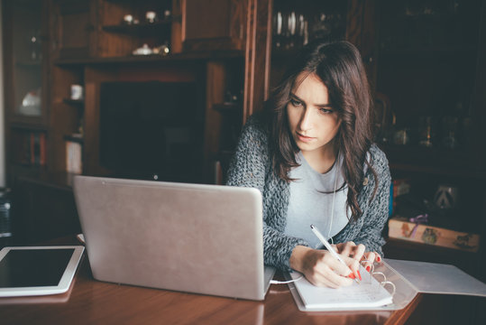 Young Beautiful Middle Eastern Woman Indoor At Home Working Using Laptop