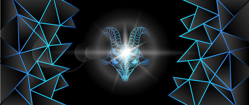 Big horned beast. Goat. Geometric interpretation. Background image in neon blue tones.