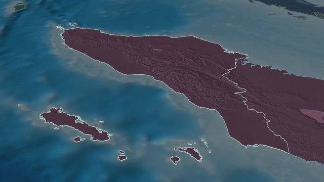 Aceh, autonomous province with its capital, zoomed and extruded on the administrative map of Indonesia in the conformal Stereographic projection. Animation 3D