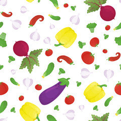Seamless pattern with vegetables. Garlic, tomato, cucumber, beet, broccoli, bell pepper and chili. Vector illustration