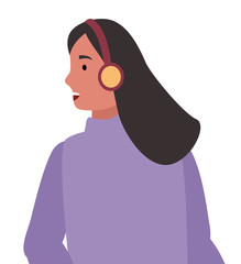 Pretty brunette woman standing alone and posing. Lady dressed in warm clothes like sweater and earmuffs. Adult isolated on white background. Vector illustration of girl portrait in flat style