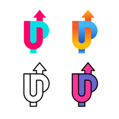 UP word colorful logo with arrow up. U and P letters wide stripe style sign with variations.