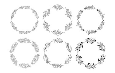 Hand drawn floral branch and herb frames set. Wedding flourish wreaths  for invitation card. Vector isolated rustic background.