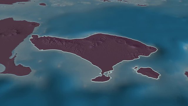 Bali, province with its capital, zoomed and extruded on the administrative map of Indonesia in the conformal Stereographic projection. Animation 3D