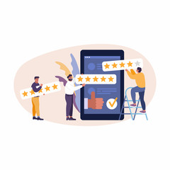 Vector online app review. People are giving 5 stars, feedback and rating. Thumb up, stars line, like icons. Flat vector illustration for web, mobile app, UI, UX, site.
