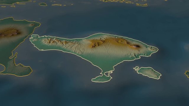 Bali, province with its capital, zoomed and extruded on the relief map of Indonesia in the conformal Stereographic projection. Animation 3D