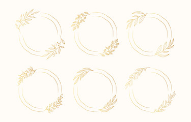 Set of golden floral branch wreaths. Vector isolated spring flourish borders. Gold rustic frames for wedding invitation cards. 
