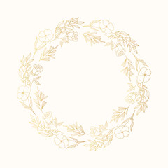 Vector isolated gold rustic frame with flowers. Hand drawn floral branch and herb golden wreath. Flourish wedding border for invitation card.