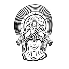 Lord Jesus is on a throne in a crown, drops are falling from his hands, the sun and a rainbow over his head