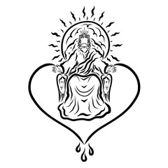 Redeemer seated on a throne wearing a crown, sun and heart of grace