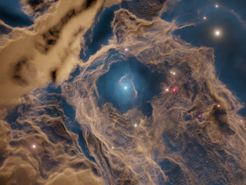 Inside Yellow Nebula, Stardust in deep space. Stellar system and gas nebula in galaxy. 3d illustration