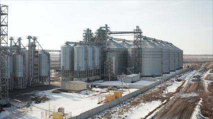 Industrial elevator, top view. High angle aerial view of industrial elevators and dryers in Russia