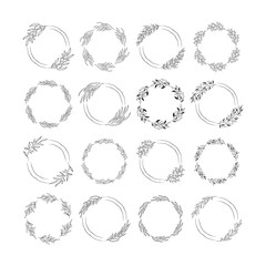 Set of floral spring herb borders. Rustic branch and flower design  frames for wedding card. Vector isolated decoration flourish wreaths.