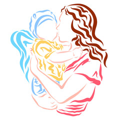 young mother kisses the winged baby on the cheek