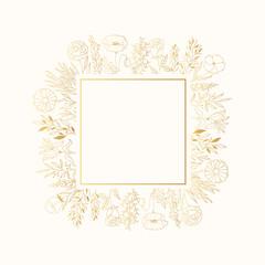 Golden floral square frame with branches, flowers and herbs. Elegant rustic invitation decor for wedding card. Vector isolated spring gold flourish border. 