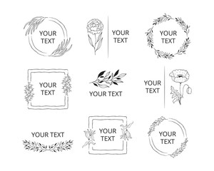 Collection of wreaths, frames and borders for elegant design. Hand drawn wedding branding set with monograms with floral branches, flowers and herbs.