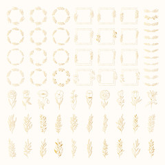 Big set of golden rustic hand drawn botanical borders, floral dividers, flowers and branches. Vector isolated elements. Wedding flourish gold laurel wreaths and frames for invitation card.