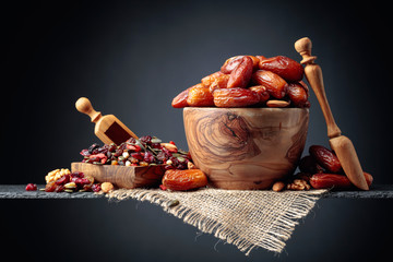 Dates and dried fruits, nuts and seeds.