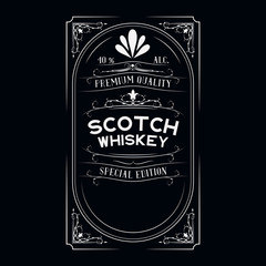 Hand drawn victorian scotch whiskey label with lettering for pub. Premium vintage alcohol frame for drink bottles in bar menu.