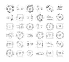 Big collection of hand drawn wedding branding, monograms with floral branches, flowers and herbs. Wreaths, frames and borders for elegant design. Vector isolated simple templates.