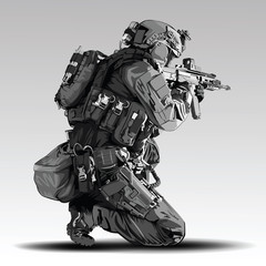 Vector Policeman Tactical Shoot Illustration. Armed police military preparing to shoot with automatic rifle. - obrazy, fototapety, plakaty
