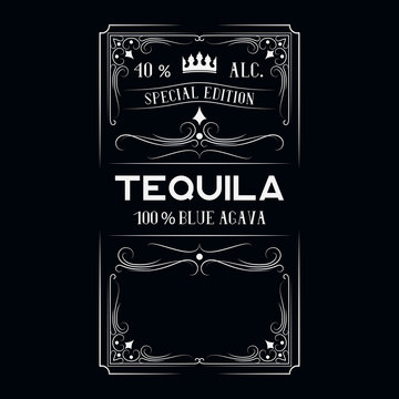 Hand drawn vintage premium alcohol frame. Ornate tequila label for bottle or bar menu with lettering. 