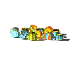 Colorful handmade lampwork beads with stripes isolated on white background. Illustration.