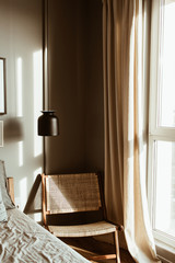Modern stylish bedroom interior design concept. Cozy neutral Scandinavian tan colored living room...