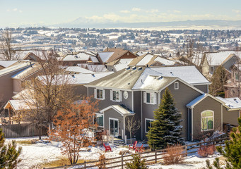 Colorado Living. Centennial, Colorado - Denver Metro Area Residential Winter Panorama with the view of a Front Range mountains on the distance - obrazy, fototapety, plakaty