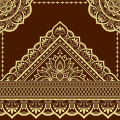 Stylized with henna tattoo decorative pattern for decorating covers book, notebook, casket, postcard and folder. Mandala, Lotus flower and border in mehndi style. Frame in the eastern tradition.