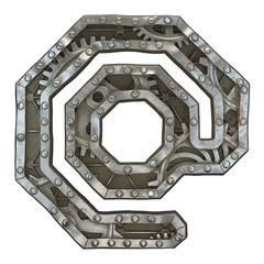 Mechanical alphabet made from rivet metal with gears on white background. Symbol at . 3D