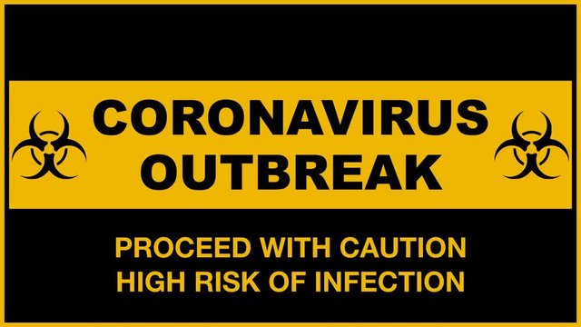 Animated, flashing coronavirus outbreak warning sign in black and orange with biohazard signs. Proceed with caution, high risk of infection