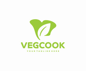 Vegetarian cooking logo design. Chef hat and leaf vector design. Vegan cuisine logotype