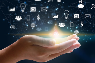 icons interface on hand. Social media concept