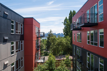 Black and red apartment complex in Seattle, Washington, USA
