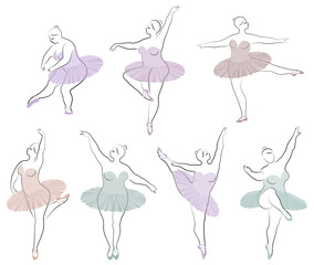 Collection. Silhouette of a cute lady, she is dancing ballet. Woman is overweight. The girl is plump and slim. Woman is ballerina, gymnast. Vector illustration set