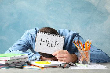 Person hold copybook with inscription Help. Exam preparation