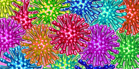 Fototapeta na wymiar Retro pop cartoon graphic of Coronavirus disease COVID-19 infection. Colorful 3D rendering medical illustration pathogen influenza covid virus in comic halftone funny style rainbow background