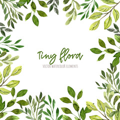 Fototapeta premium Square border frame, green leaves and branches, wet watercolor