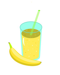 Banana juice smoothie in a glass glass with a fresh banana and a straw.Fresh natural healthy fruit and berry drink. Vector illustration.