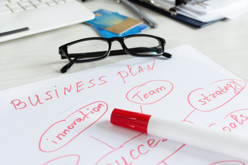Business plan idea sketch with strategy and chart. Business planning concept.