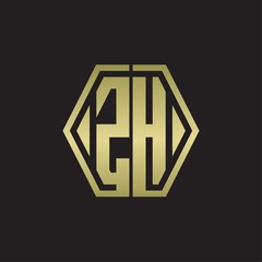 ZH Logo monogram with hexagon line rounded design template with gold colors