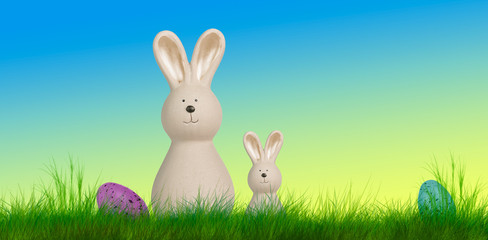 easter bunnys stand on a meadow with easter eggs