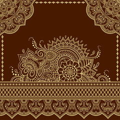 Stylized with henna tattoo decorative pattern for decorating covers book, notebook, casket, postcard and folder. Mandala, flower and border in mehndi style. Frame in the eastern tradition.